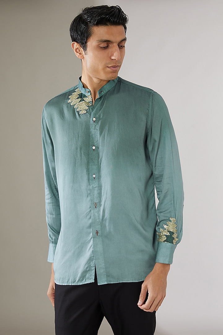 Blue Modal Silk Ombre Party Wear Shirt by Gaurav Katta at Pernia's Pop Up Shop