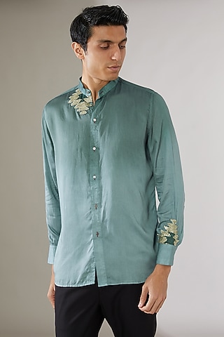 Blue Modal Silk Ombre Shirt by Gaurav Katta