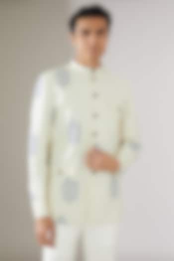 Ivory Linen Hand-Block Printed Bandhgala Jacket by Gaurav Katta