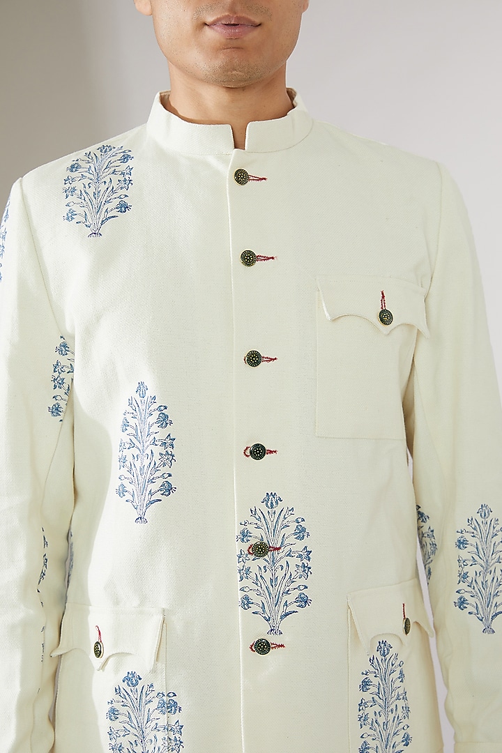 Ivory Linen Hand-Block Printed Bandhgala Jacket by Gaurav Katta at Pernia's Pop Up Shop