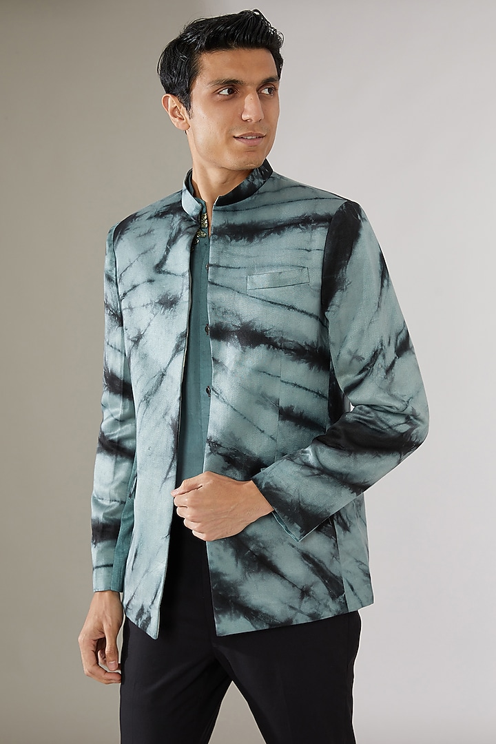 Blue Italian Cotton Tie-Dye Wedding Indowestern Jacket by Gaurav Katta at Pernia's Pop Up Shop