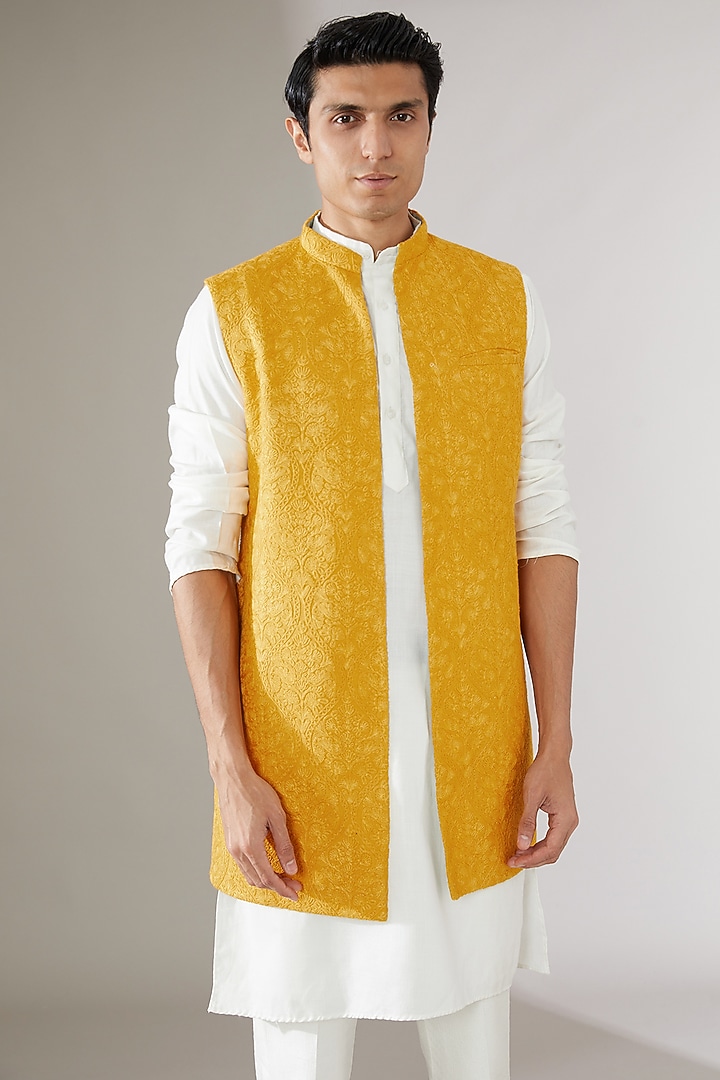 Yellow Silk Embroidered Wedding Indowestern Jacket by Gaurav Katta at Pernia's Pop Up Shop