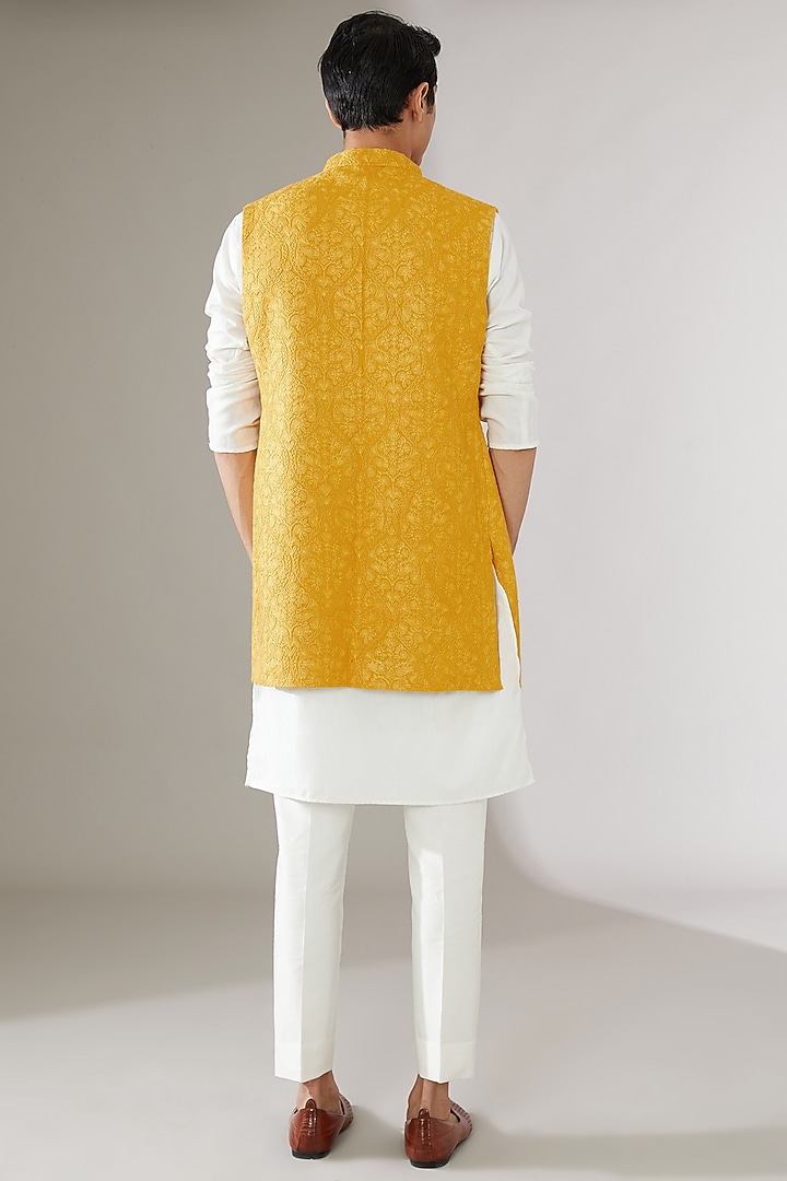 Yellow Silk Embroidered Wedding Indowestern Jacket by Gaurav Katta at Pernia's Pop Up Shop