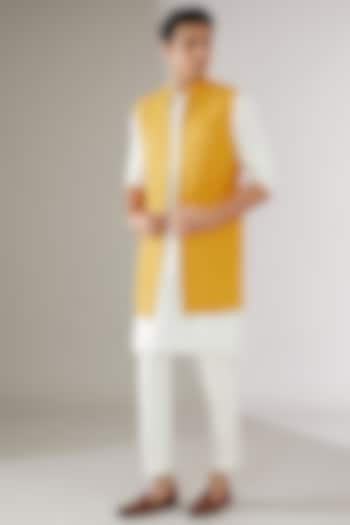 Yellow Silk Embroidered Indowestern Jacket by Gaurav Katta