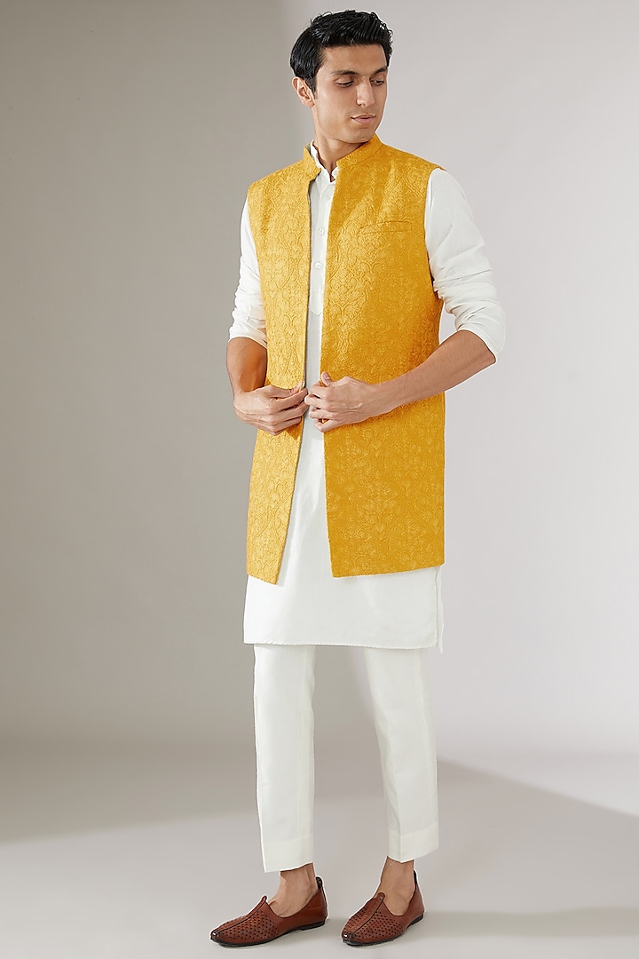 Yellow Silk Embroidered Indowestern Jacket by Gaurav Katta