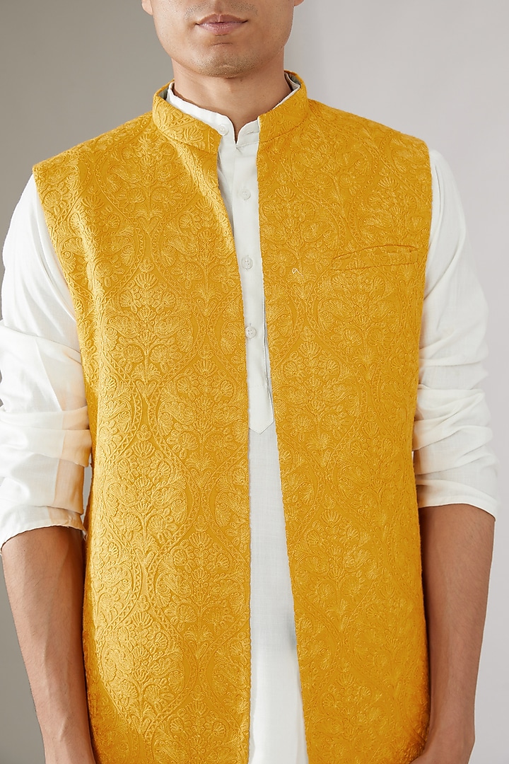 Yellow Silk Embroidered Wedding Indowestern Jacket by Gaurav Katta at Pernia's Pop Up Shop
