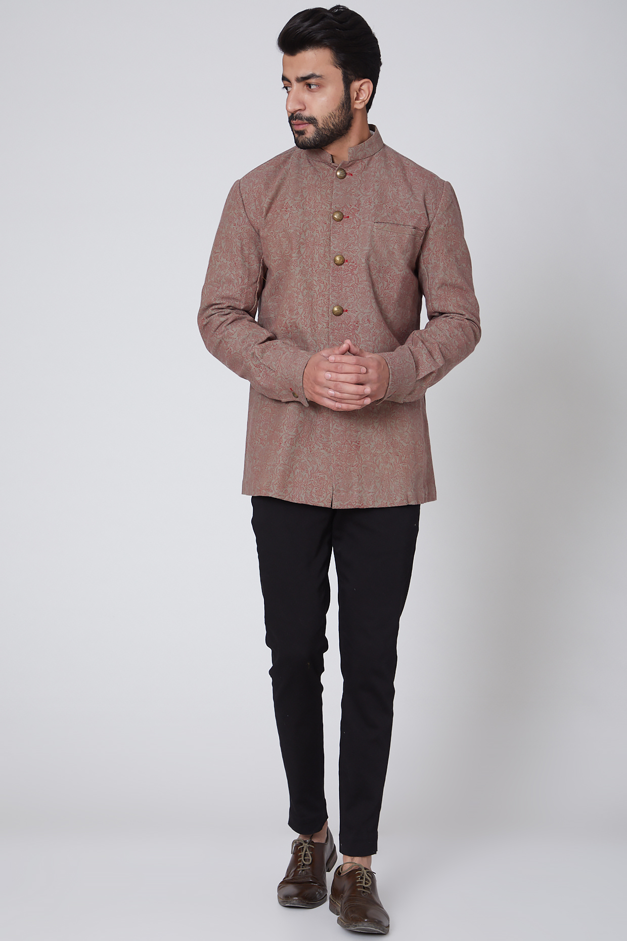 Brown Hand Block Printed Coat by Gaurav Katta at Pernia's Pop Up Shop