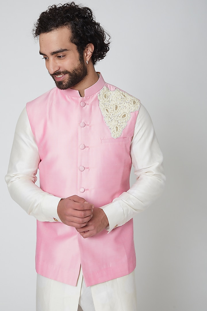 Blush Pink Embroidered Nehru Jacket by Gaurav Katta at Pernia's Pop Up Shop