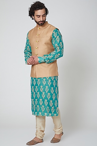 Beige Silk Nehru Jacket by Gaurav Katta