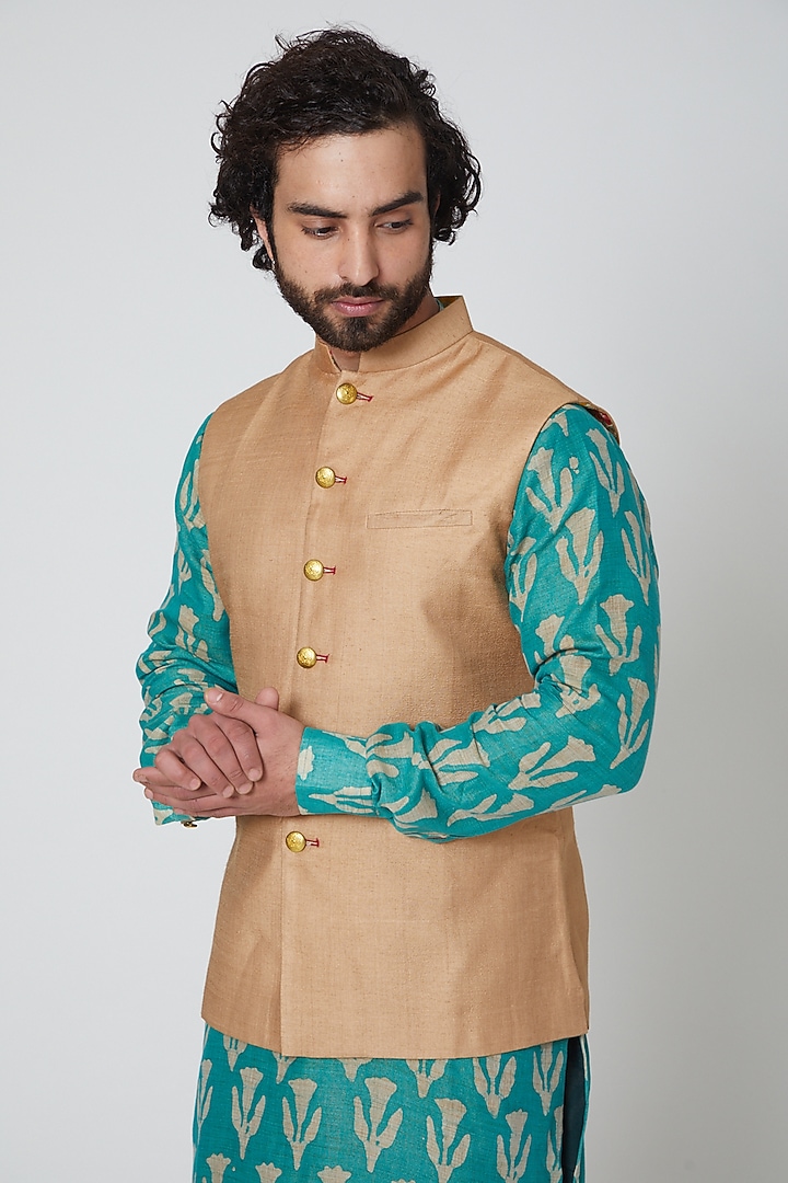 Beige Silk Nehru Jacket by Gaurav Katta at Pernia's Pop Up Shop