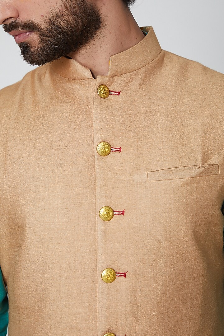 Beige Silk Nehru Jacket by Gaurav Katta at Pernia's Pop Up Shop