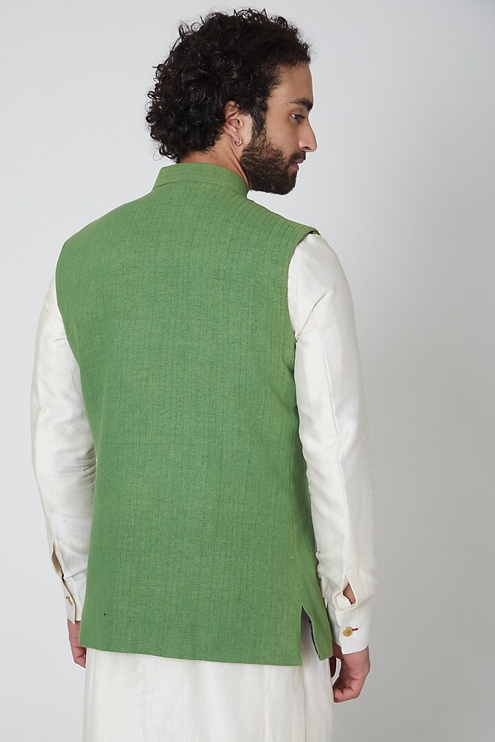 Green Cotton Thread Work Nehru Jacket by Gaurav Katta at Pernia's Pop Up Shop