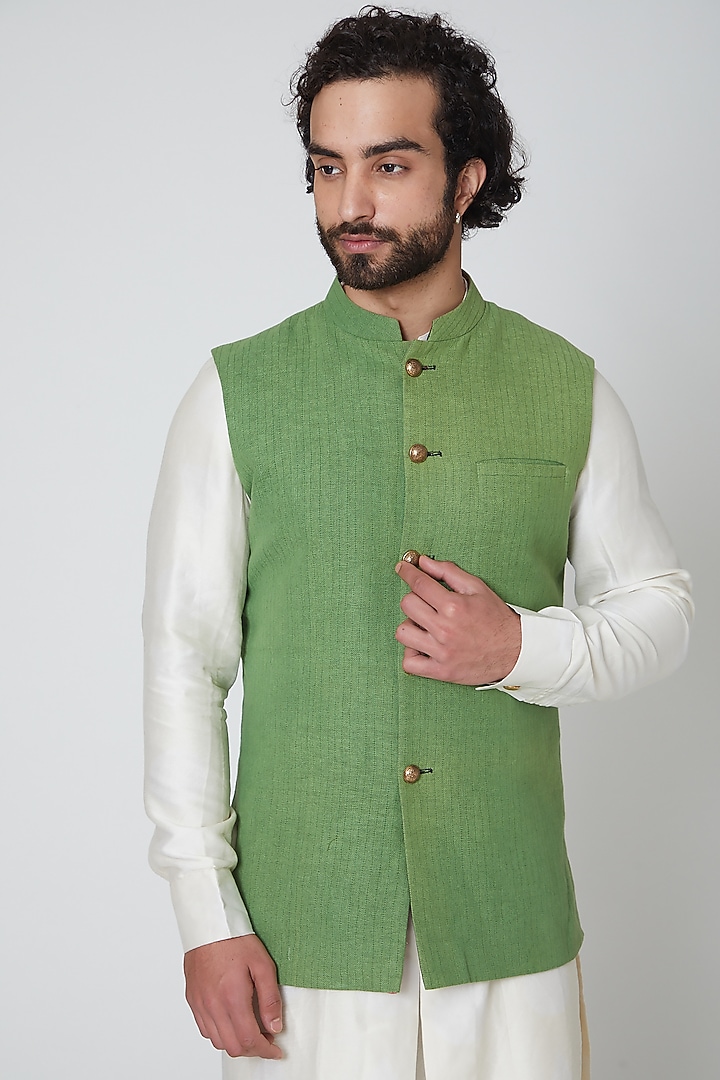 Green Cotton Thread Work Nehru Jacket by Gaurav Katta at Pernia's Pop Up Shop