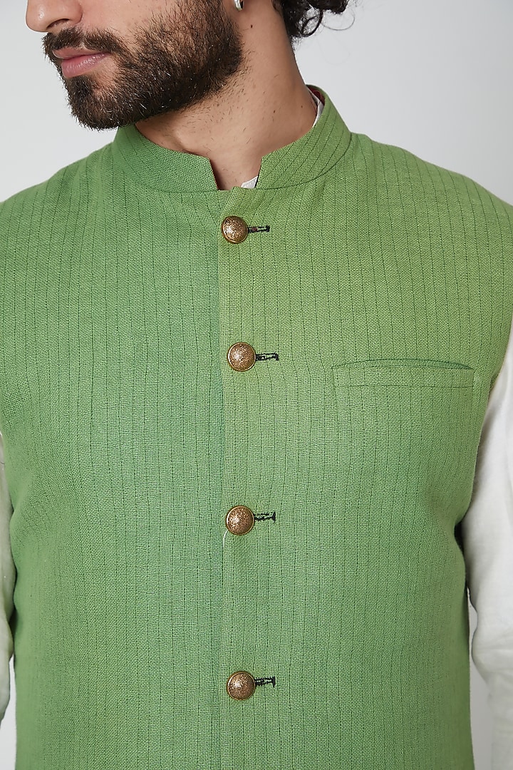 Green Cotton Thread Work Nehru Jacket by Gaurav Katta at Pernia's Pop Up Shop