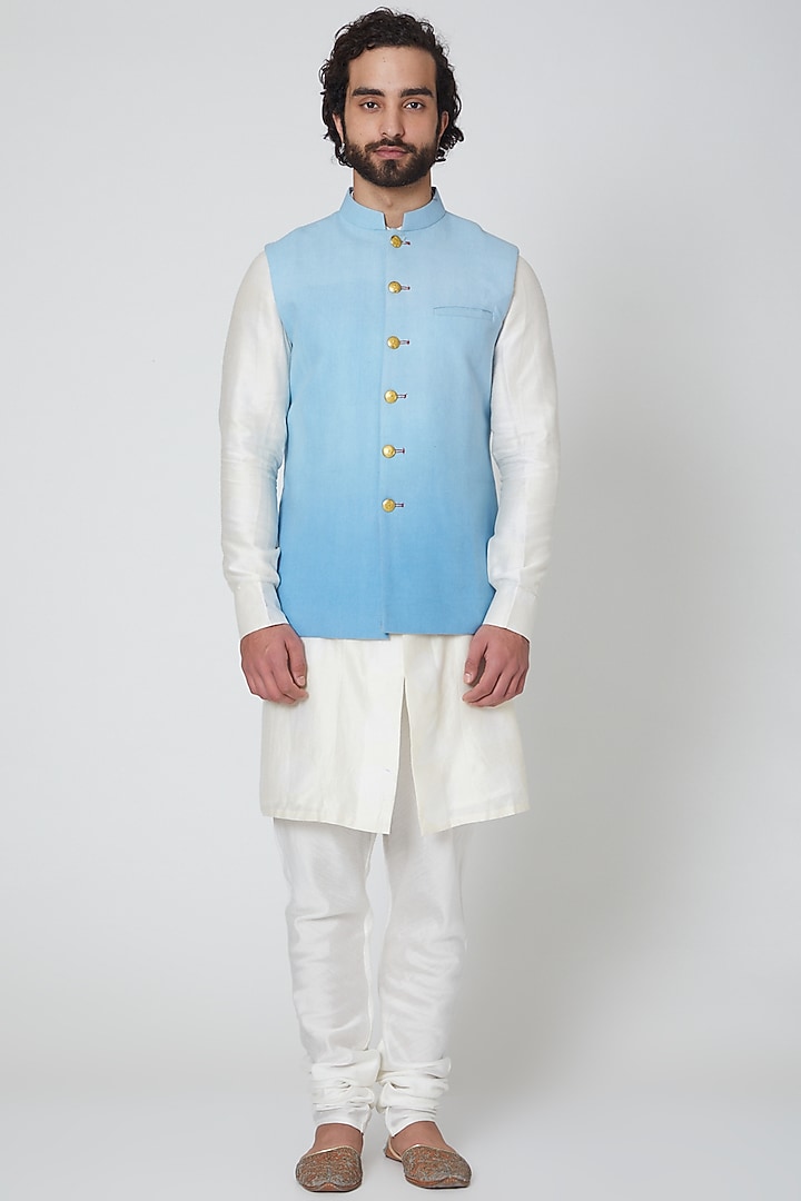 Sky Blue Cotton Nehru Jacket by Gaurav Katta at Pernia's Pop Up Shop