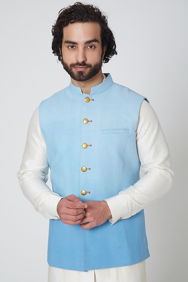 Sky Blue Cotton Nehru Jacket by Gaurav Katta at Pernia's Pop Up Shop