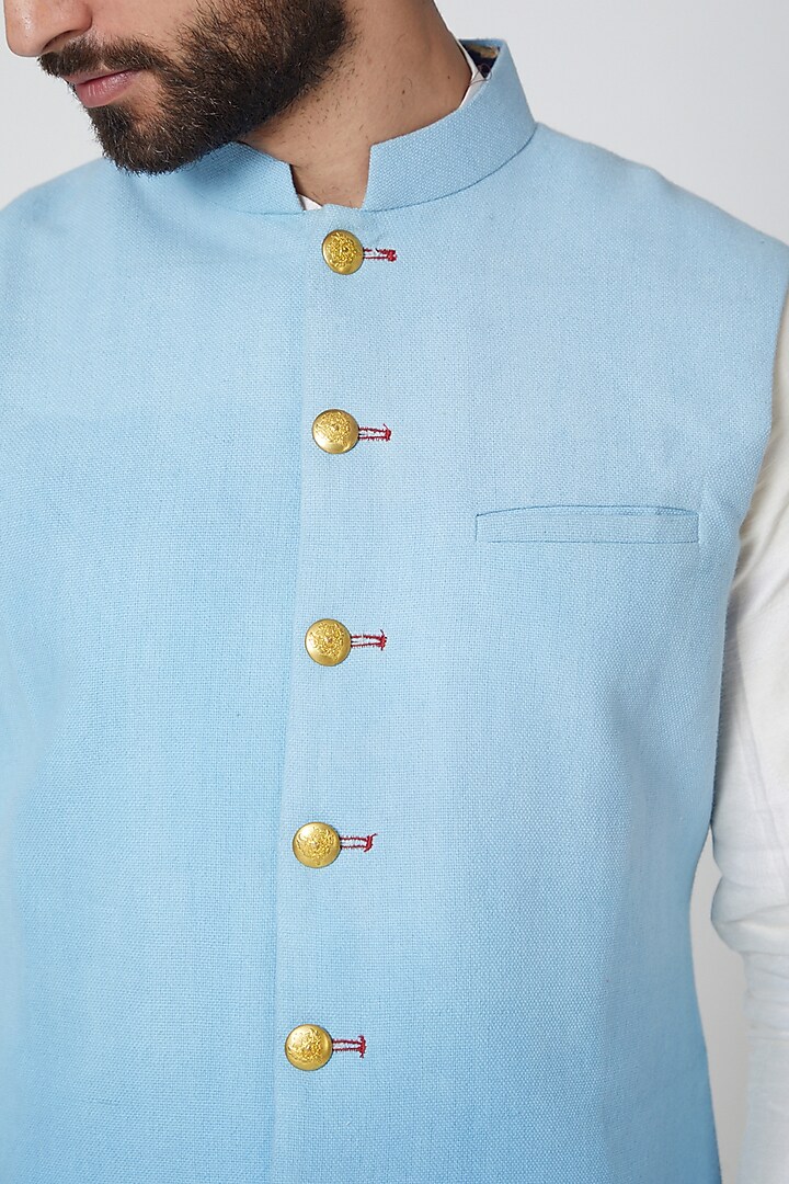 Sky Blue Cotton Nehru Jacket by Gaurav Katta at Pernia's Pop Up Shop