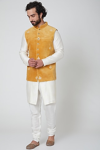 Copper Suede Thread Embroidered Nehru Jacket by Gaurav Katta