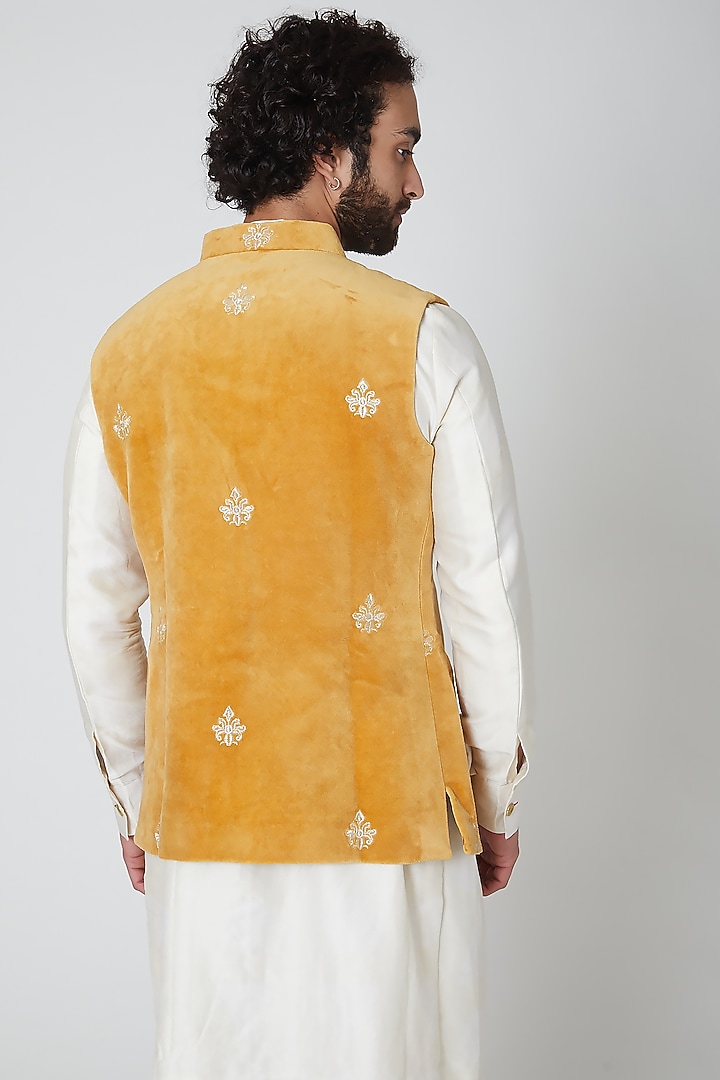 Copper Suede Thread Embroidered Nehru Jacket by Gaurav Katta at Pernia's Pop Up Shop