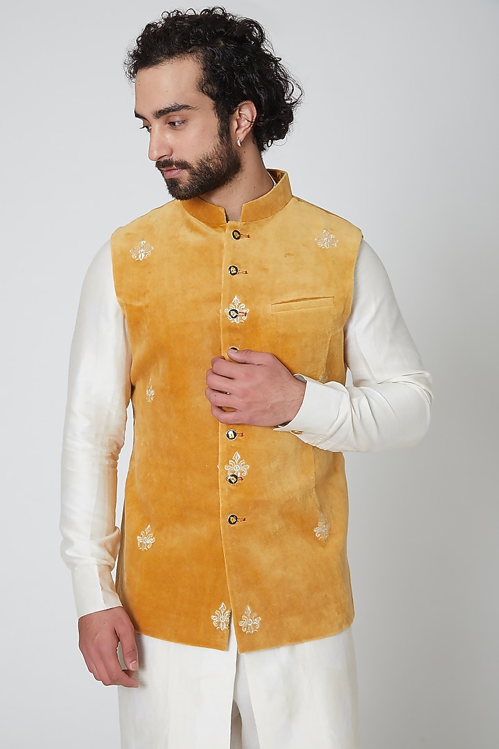 Copper Suede Thread Embroidered Nehru Jacket by Gaurav Katta at Pernia's Pop Up Shop