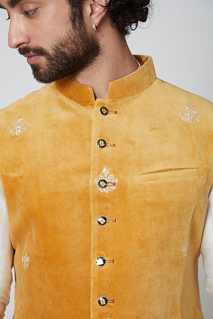 Copper Suede Thread Embroidered Nehru Jacket by Gaurav Katta at Pernia's Pop Up Shop