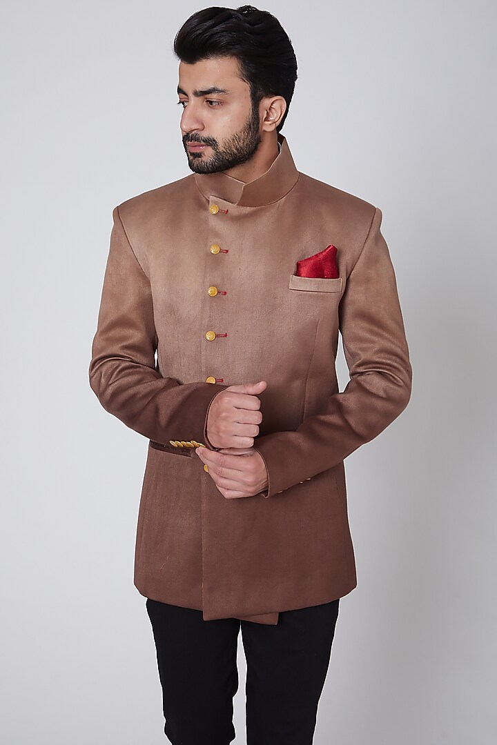 Copper Italian Cotton Wedding Bandhgala Jacket by Gaurav Katta at Pernia's Pop Up Shop