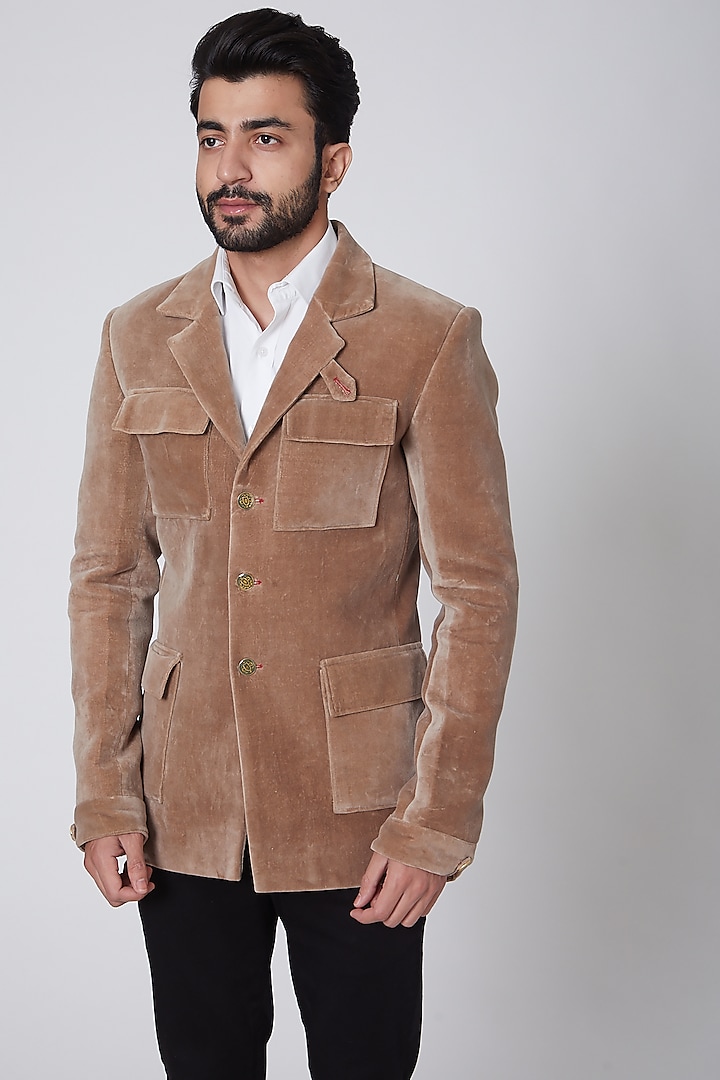 Brown Suede Blazer by Gaurav Katta at Pernia's Pop Up Shop
