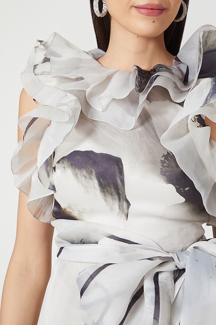 White Organza Floral Printed Mini Party Wear Dress by Gauri And Nainika at Pernia's Pop Up Shop