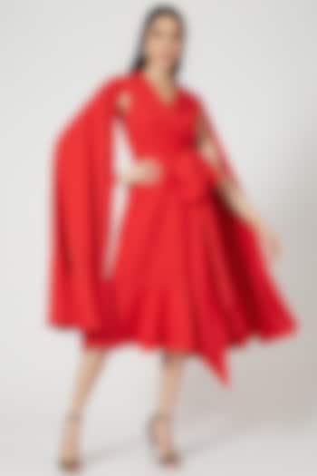 Red Wrap Dress With Cape Sleeves by Gauri And Nainika
