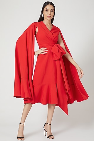 Red Wrap Dress With Cape Sleeves by Gauri And Nainika
