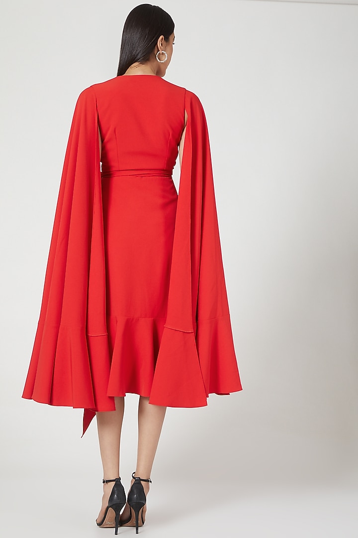 Red Wrap Party Wear Dress With Cape Sleeves by Gauri And Nainika at Pernia's Pop Up Shop