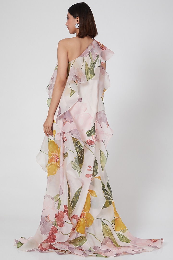 Blush Pink Organza Floral Printed One-Shoulder Ruffled Party Wear Dress by Gauri and Nainika at Pernia's Pop Up Shop