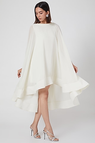 White Viscose Georgette Cape Mini Dress by Gauri and Nainika