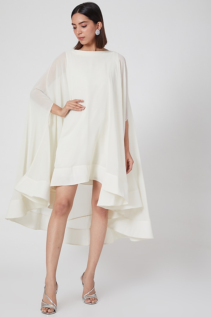 White Viscose Georgette Cape Mini Cocktail Dress by Gauri and Nainika at Pernia's Pop Up Shop