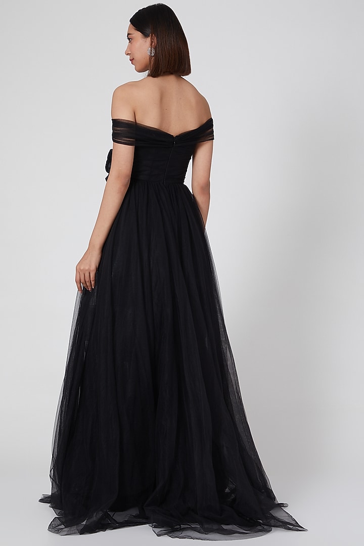 Black Draped Corset Gown With 3D Details by Gauri and Nainika at Pernia's Pop Up Shop