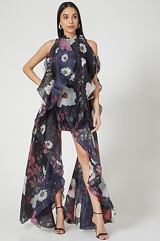 Black Organza Floral Mini Dress by Gauri And Nainika