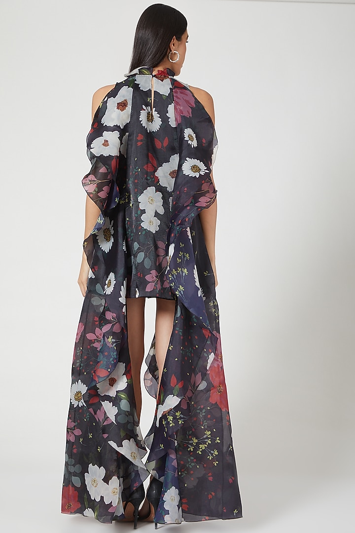 Black Organza Floral Mini Party Wear Dress by Gauri And Nainika at Pernia's Pop Up Shop