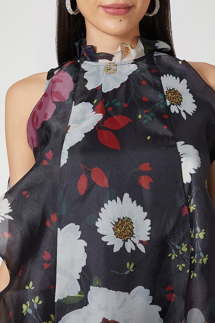 Black Organza Floral Mini Party Wear Dress by Gauri And Nainika at Pernia's Pop Up Shop