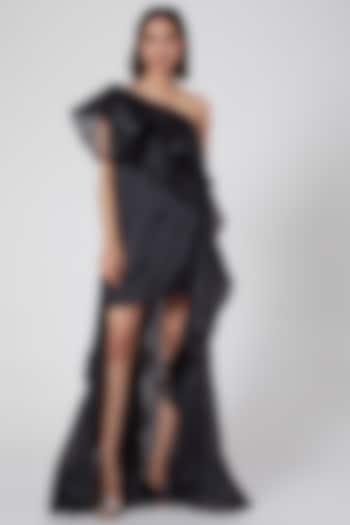 Black Organza One-Shoulder Ruffled Mini Dress by Gauri and Nainika