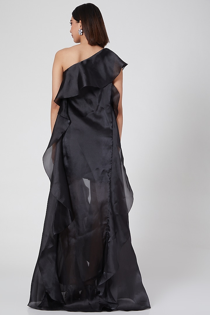 Black Organza One-Shoulder Ruffled Mini Party Wear Dress by Gauri and Nainika at Pernia's Pop Up Shop