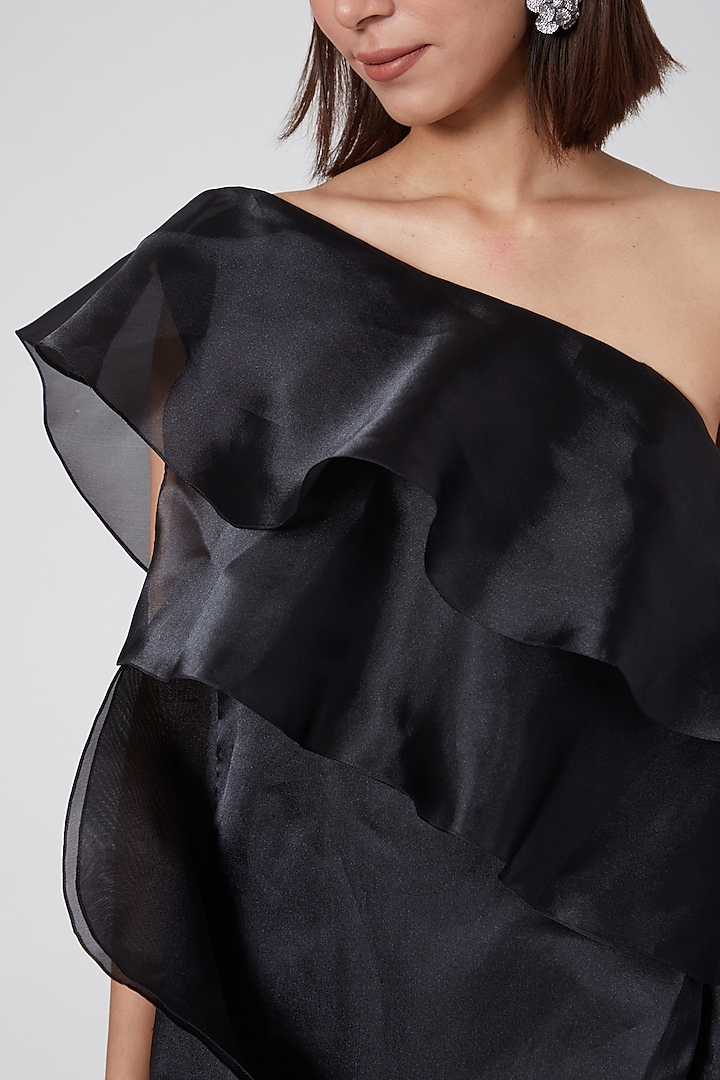 Black Organza One-Shoulder Ruffled Mini Party Wear Dress by Gauri and Nainika at Pernia's Pop Up Shop