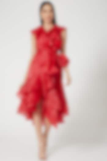 Red Wrap Dress With Frills by Gauri And Nainika
