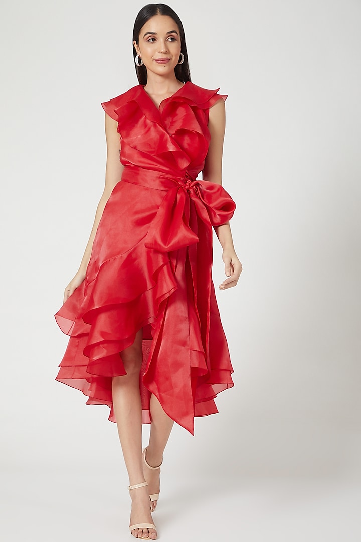 Red Wrap Dress With Frills by Gauri And Nainika