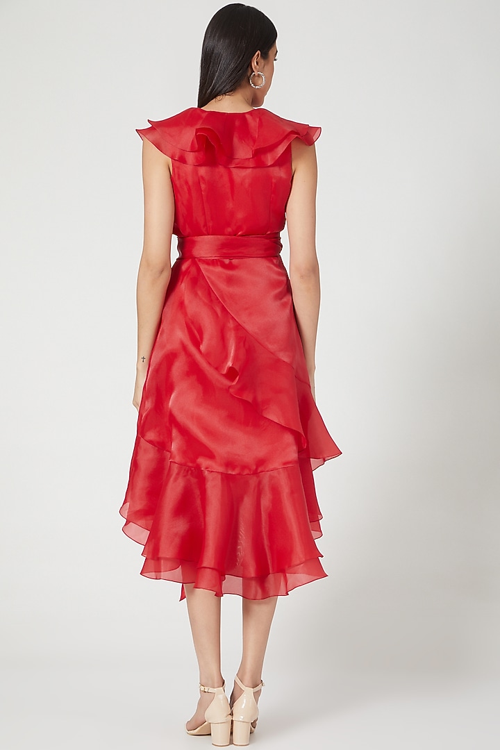 Red Wrap Cocktail Dress With Frills by Gauri And Nainika at Pernia's Pop Up Shop