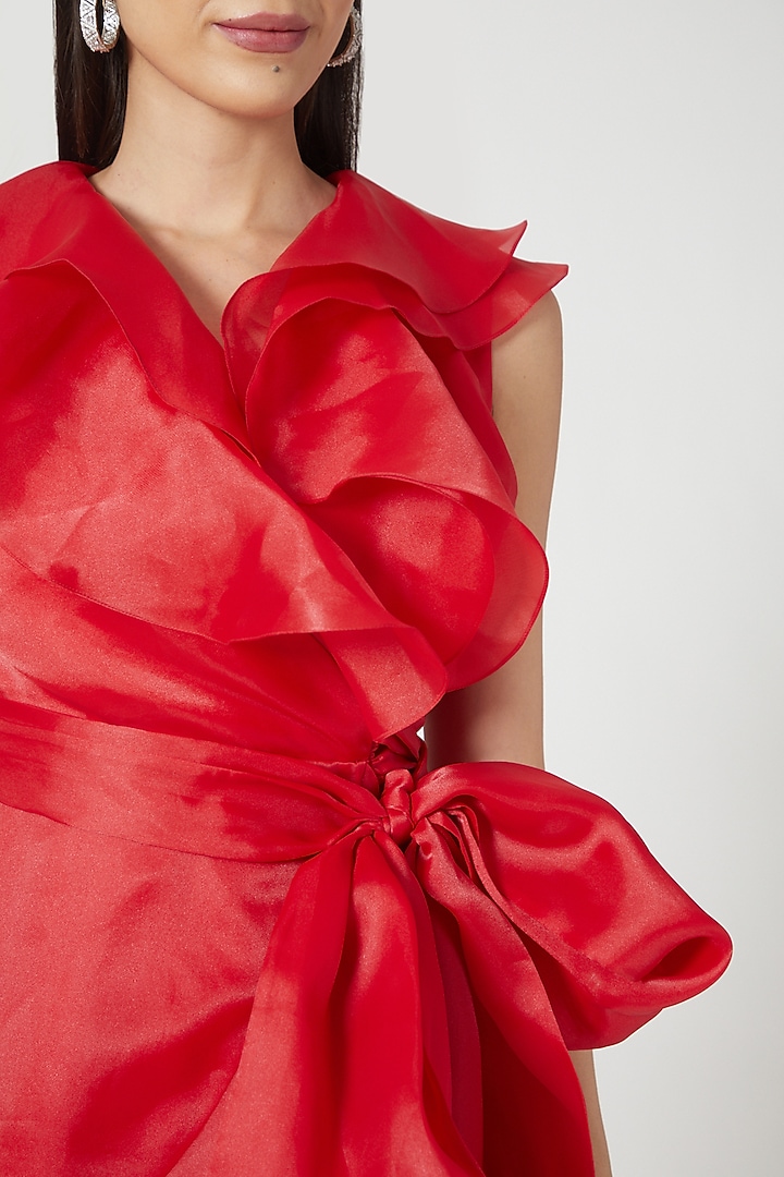 Red Wrap Cocktail Dress With Frills by Gauri And Nainika at Pernia's Pop Up Shop