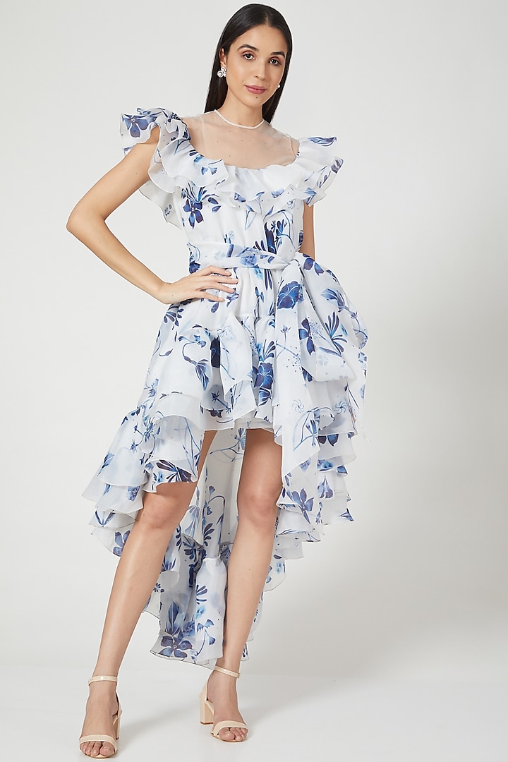 White Printed High-Low Dress With Belt by Gauri And Nainika