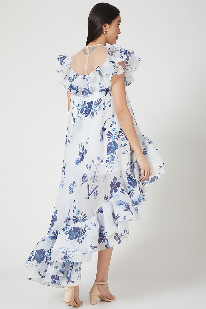 White Printed High-Low Party Wear Dress With Belt by Gauri And Nainika at Pernia's Pop Up Shop