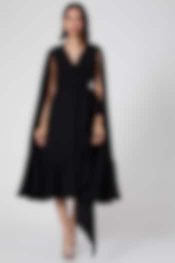 Black Wrap Dress With Cape Sleeves by Gauri and Nainika