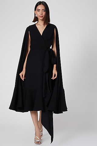 Black Micro Crepe Midi Wrap Dress by Gauri and Nainika