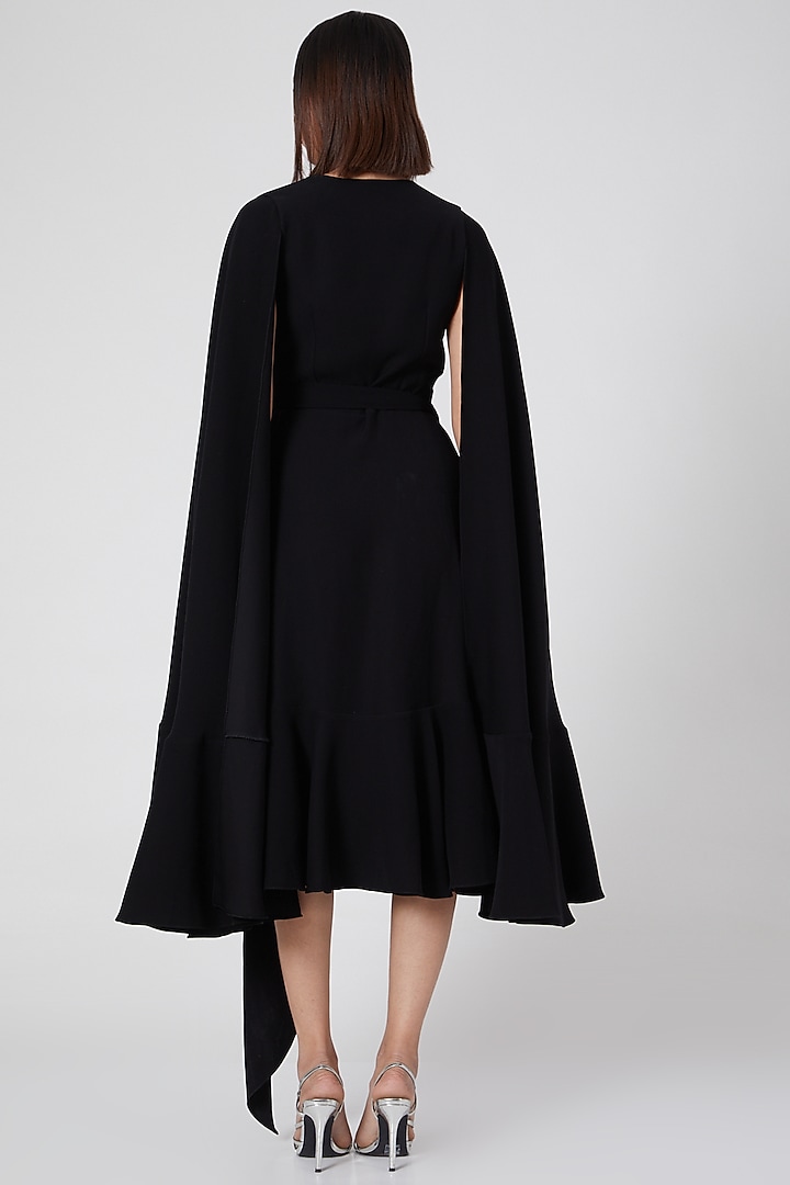 Black Micro Crepe Midi Wrap Party Wear Dress by Gauri and Nainika at Pernia's Pop Up Shop